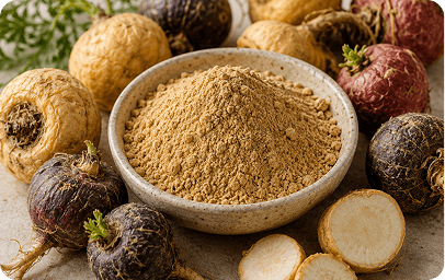 Bowl of maca root extract powder